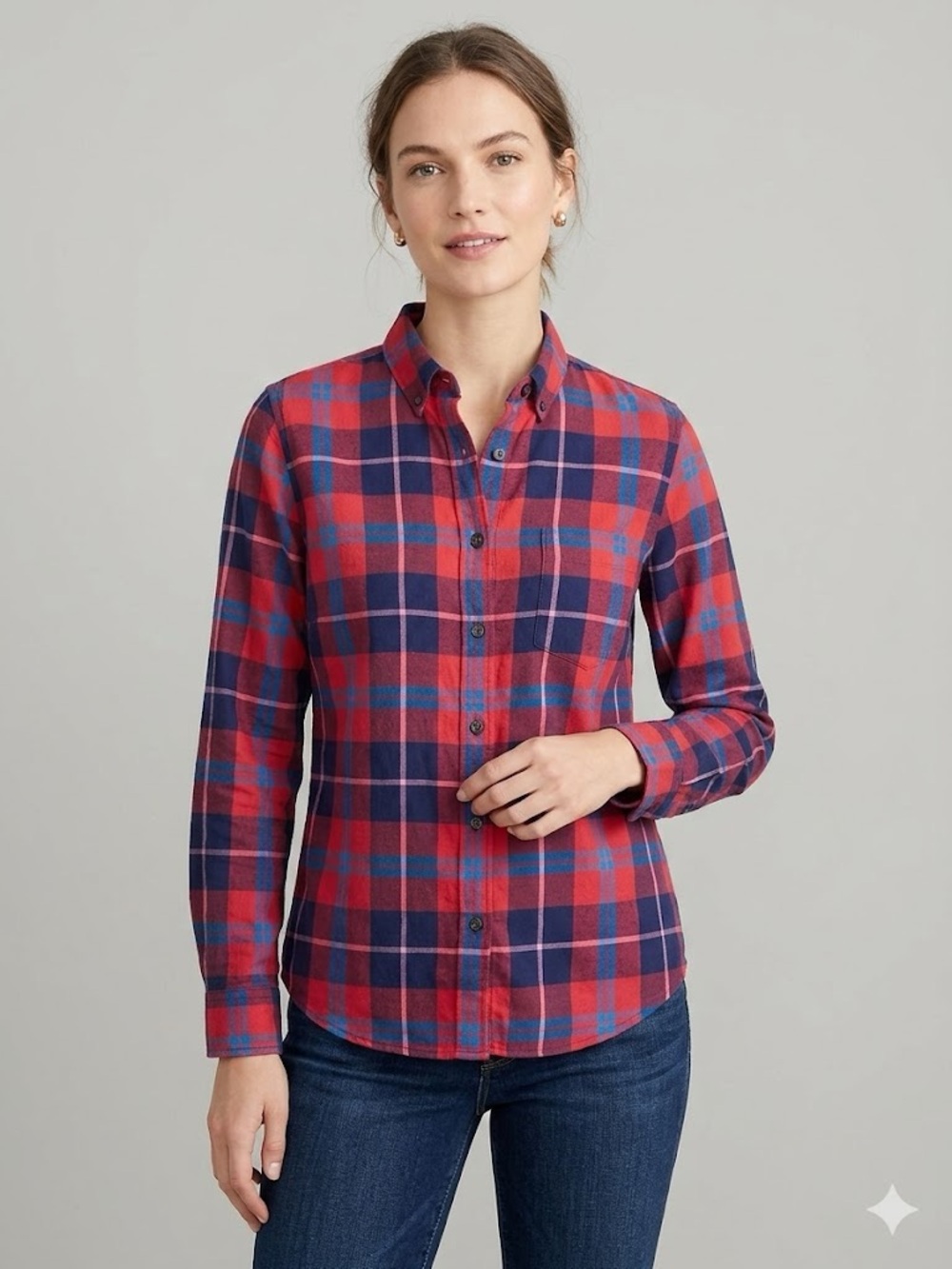 J. Crew Plaid Button Down Perfect Fit Shirt Red Navy Blue Women’s size Large